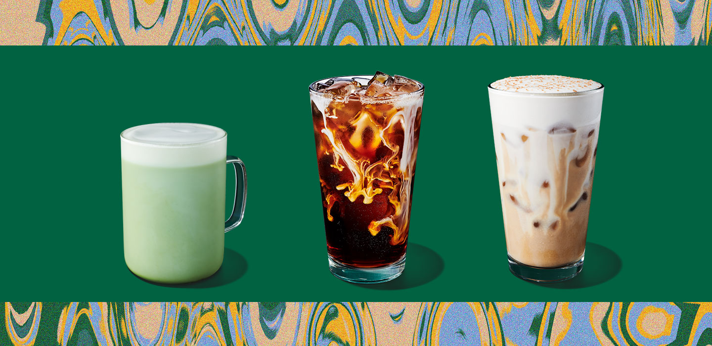 Three Starbucks beverages, one hot matcha in a clear glass and two iced beverages in a clear glass on a green background with