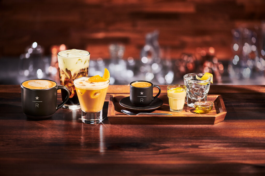 Starbucks Oleato Reserve beverages lineup on wooden bar