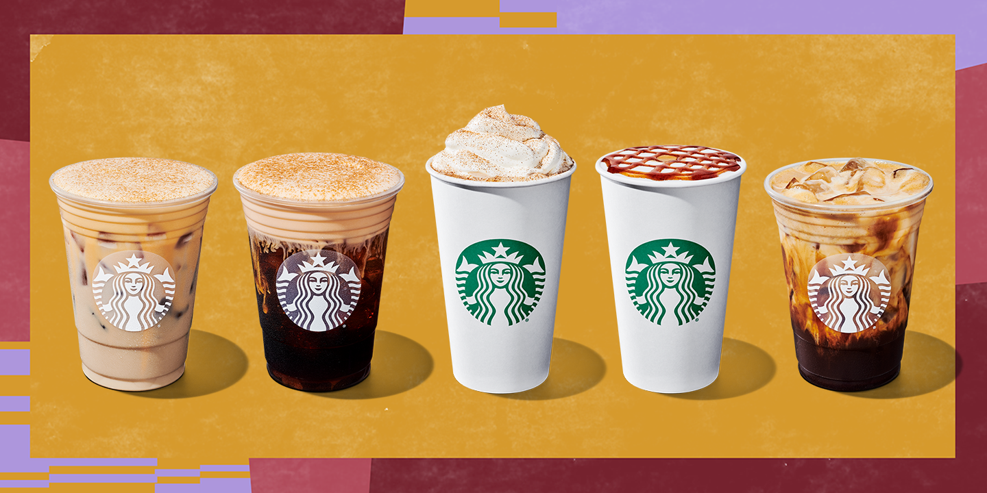 Lineup of 5 Starbucks fall beverages on orange background with patterned border