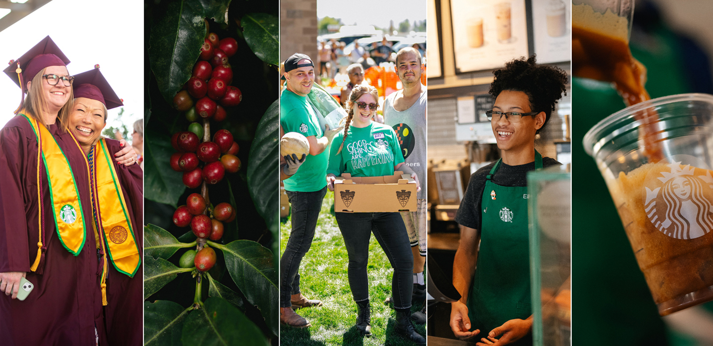 A collage of images, from left to right; two people hugging in cap and gown after graudating from ASU, a close up shot of coffee cherries on a coffee tree, three people at a volunteer event, a barista behidn the counter with dark hair, and a close up shot of someone pouring coffee in a clear Starbucks cup