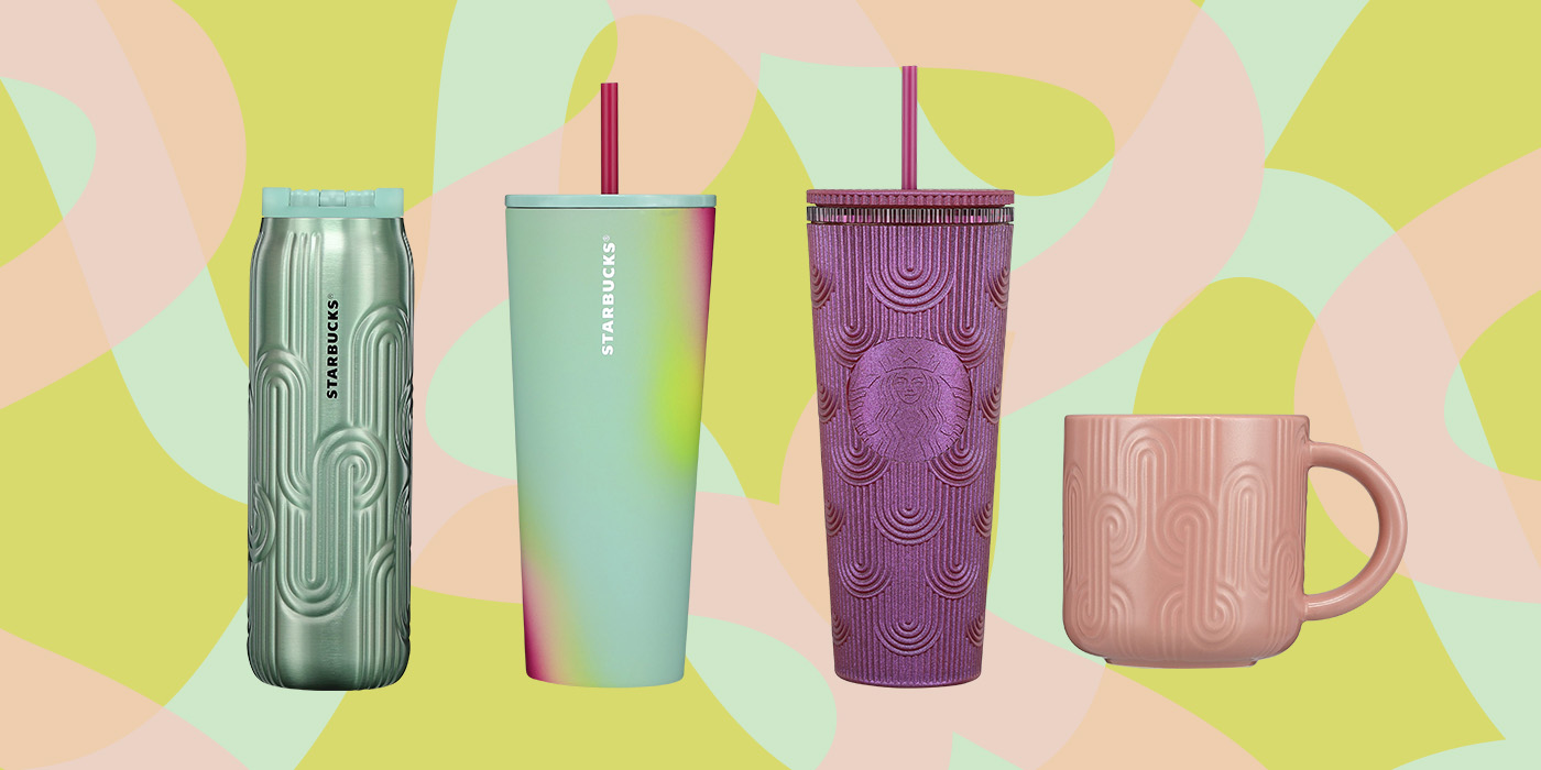 Lineup of colorful tumblers on graphic pink and green background