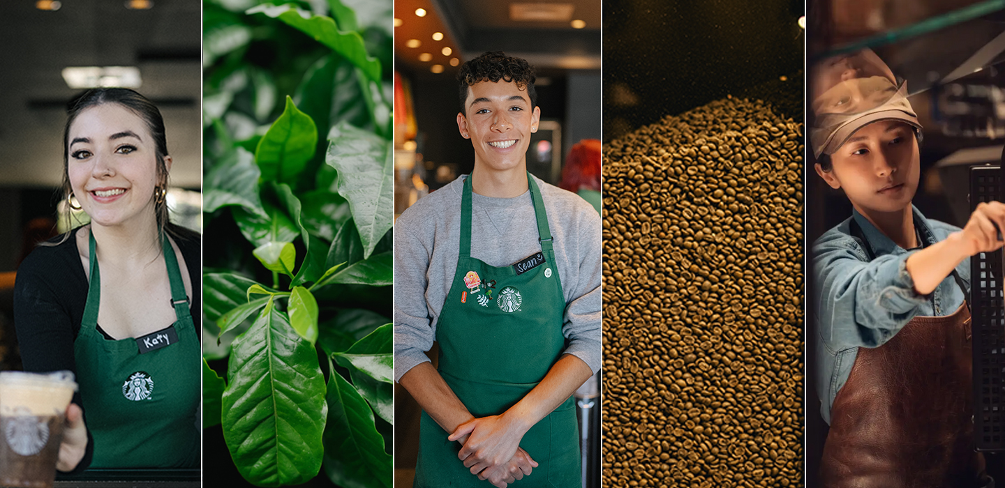 A collage of five images, from left to right; a female barista in a Starbucks apron, a close up shot of coffee tree leaves, a male barista in a Starbucks apron, a close photo of coffee beans, a female roaster in a brown apron.