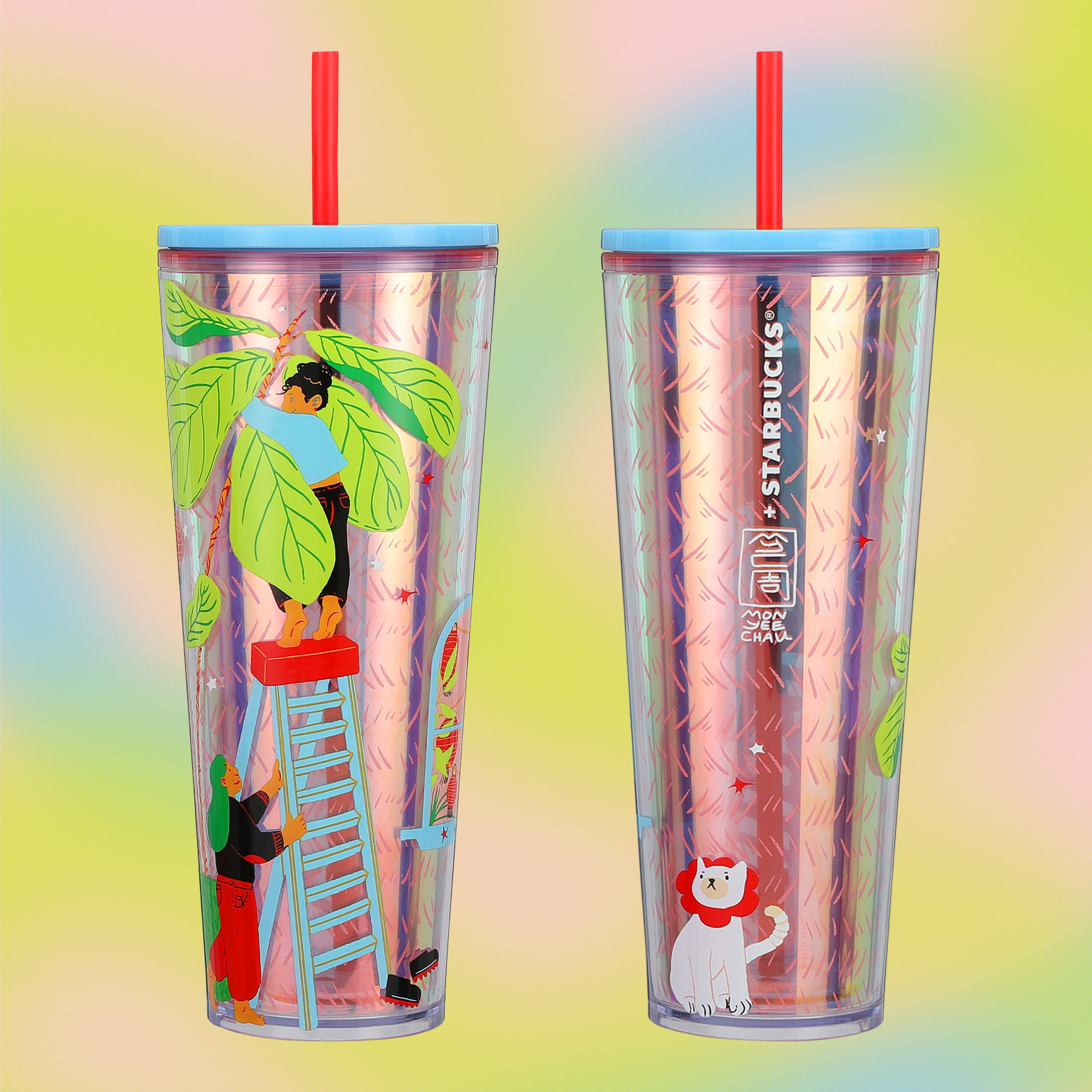 Front and back view of cold cup on colorful background
