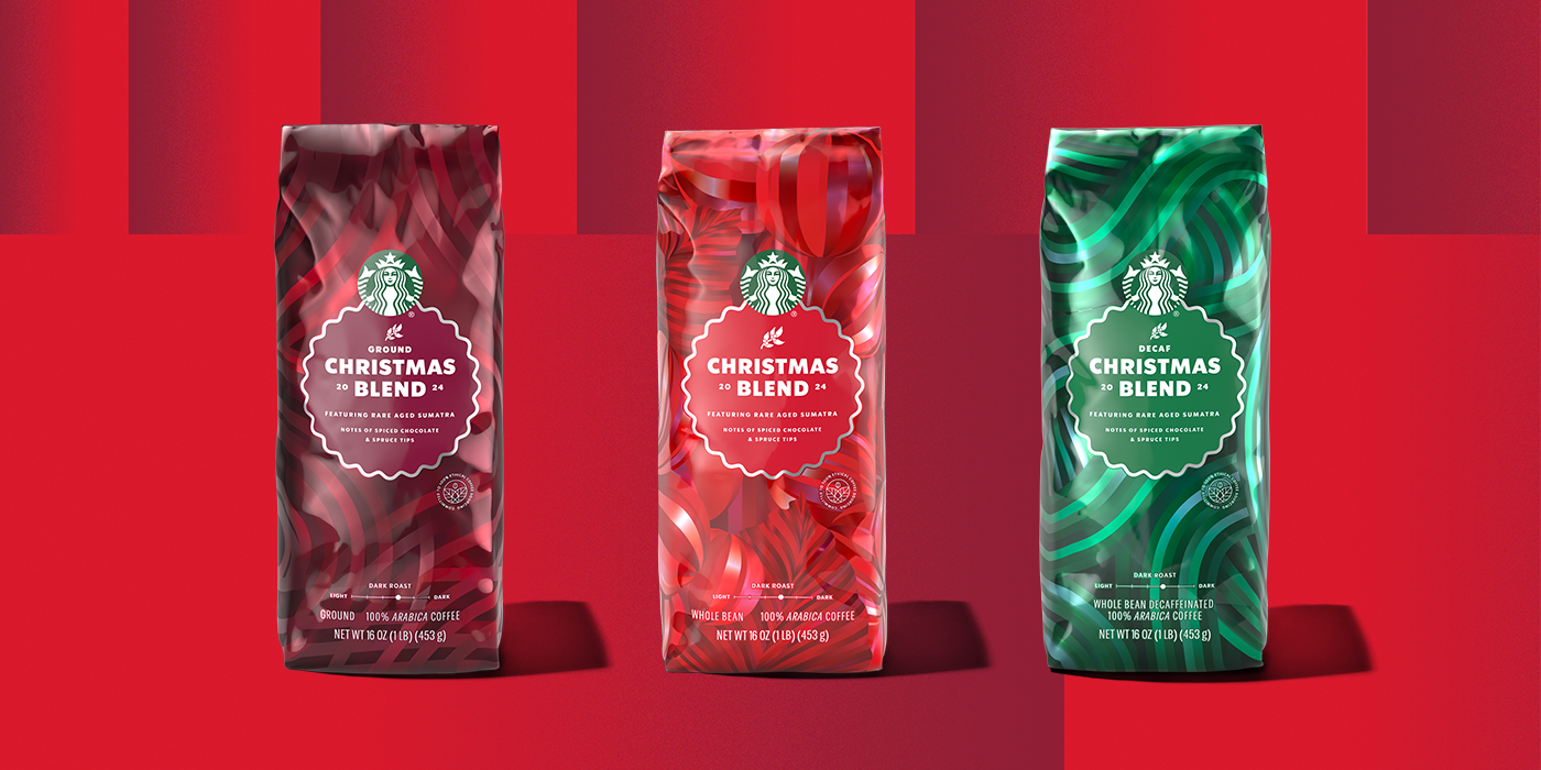 Three Christmas blend coffee bags on a red background