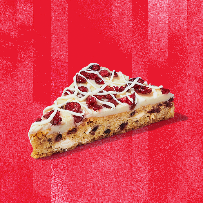 Starbucks cranberry bliss bar on a red background
