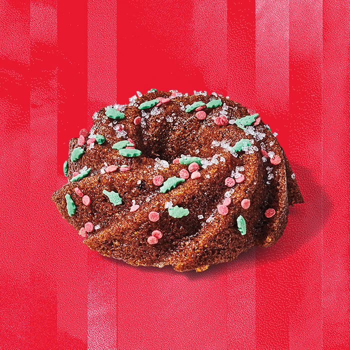 Starbucks dark toffee bundt cake on a red background