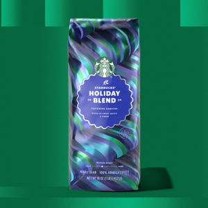 Starbucks Holiday blend coffee bag on a green background