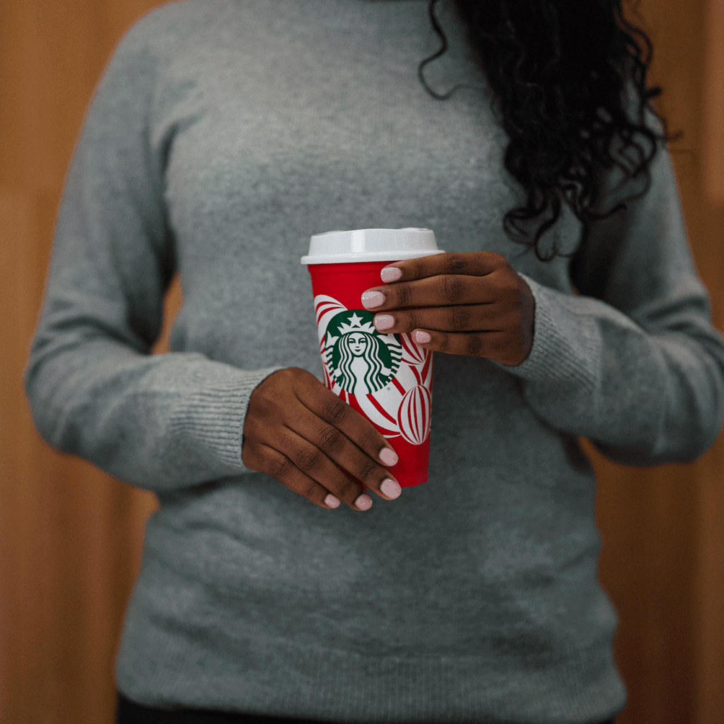 A gif of a person holding red reusable cup
