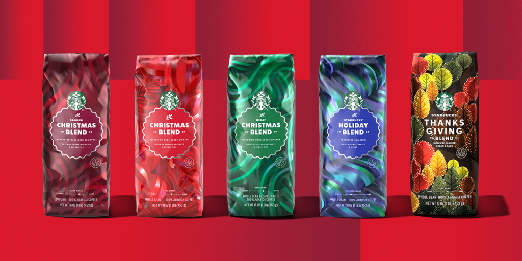 A collage of holiday coffee bags on a red background