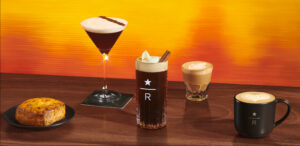 A collage of Starbucks reserve food and beverages on an orange background