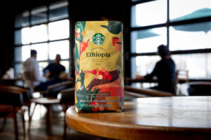 Starbucks Ethiopia Single Origin Coffee bag at a table in a Starbucks store