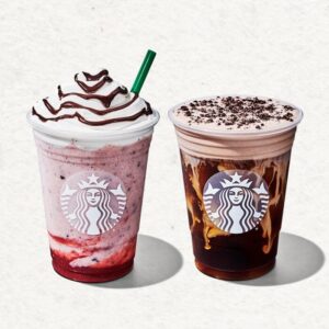 Chocolate-Covered Strawberry Crème Frappuccino and Chocolate Hazelnut Cookie Cold Brew next to each other
