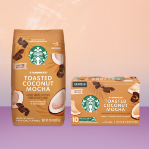 Starbucks ground coffee Toasted Coconut Mocha bag and K-cup pods box next to each other