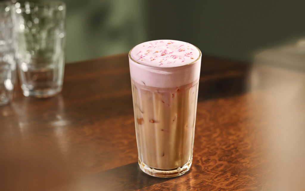 Starbucks Iced cherry Chai topped with lavender foam