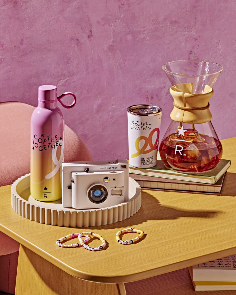 Starbucks Reserve coffee together collection with a tumbler, chemix on a light pink background