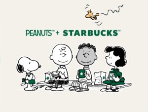 A sketch of the characters of Peanuts sitting down with food and cups in their hands for Starbucks and Peanuts collaboration