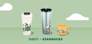 An assortment of mug, tumbler and cold cup for Starbucks and Peanuts collaboration on a light green background