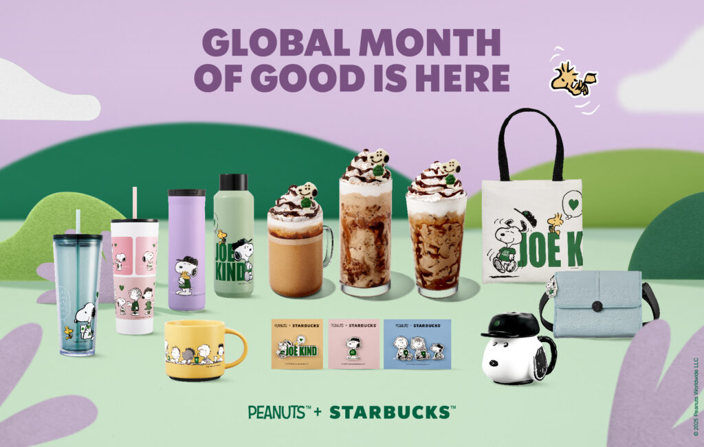 An assortment of merch and drinks for Starbucks and Peanuts collaboration with words on the image that says Global Month of Good is Here