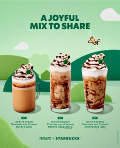 An assortment of two frappuccino and a latte topped with with whipped cream on a green background with words on the image that says a joyful mix to share for the Starbucks and Peanuts collaboration