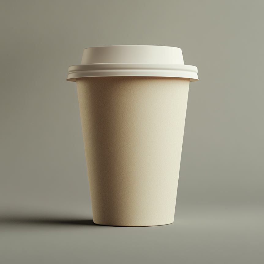 A beige disposable coffee cup with a white plastic lid, set against a neutral gray background. The cup is minimalist and upright, with a slight shadow cast on the surface.